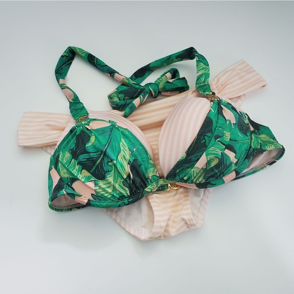 Victoria's Secret 34C M Bikini Set Jungle Palms VS Classic Stripes Pink White